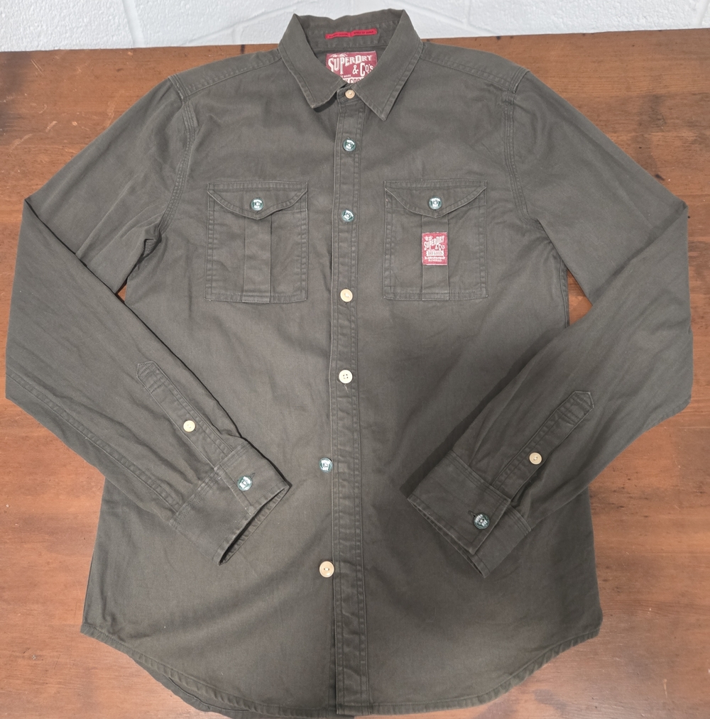 Superdry Mens Cotton Army Green Logo Embroidered Button Down Shirt Medium - Picture 2 of 7